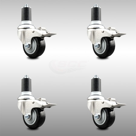 Service Caster 3.5 Inch 316SS Black Poly Swivel 1-1/2 Inch Expanding Stem Caster Set Lock Brake SCC-SS316TTLEX20S3514-PPUB-BLK-112-4